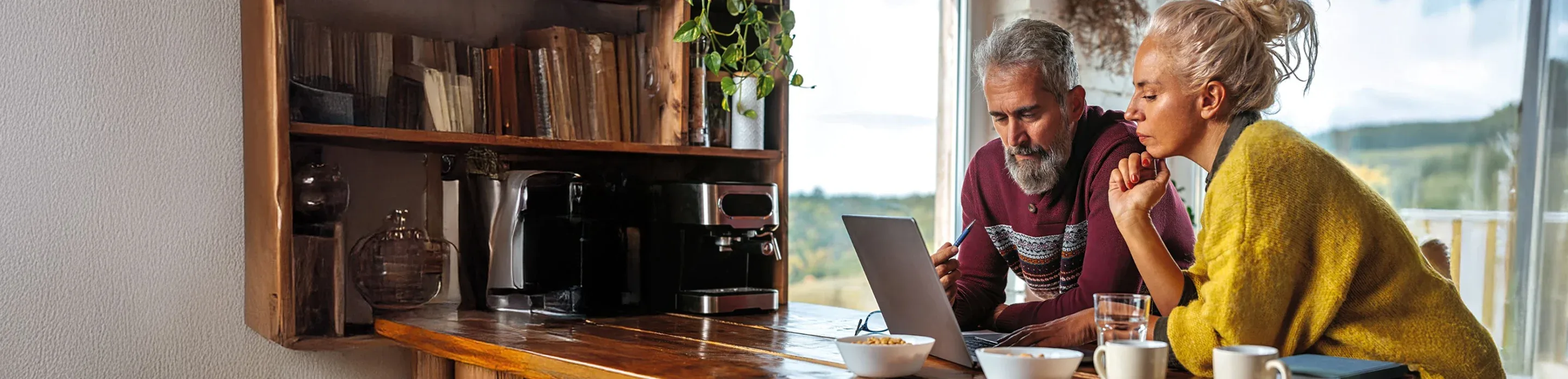 Older couple at a kitchen on a laptop