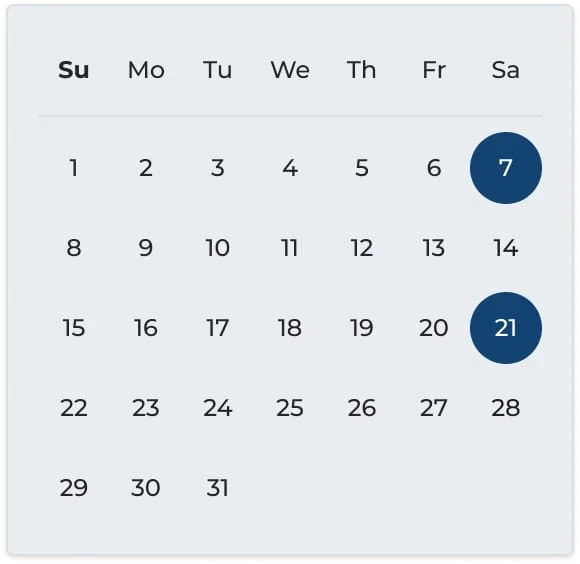 Hizentra infusion schedule calendar for Marie, a hypothetical patient with PI