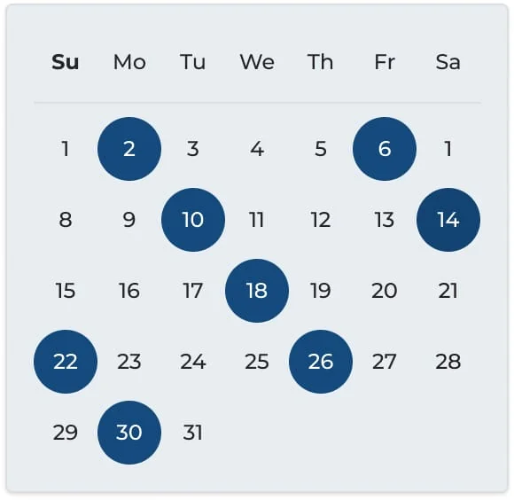 Hizentra infusion schedule calendar for Anthony, a hypothetical patient with PI
