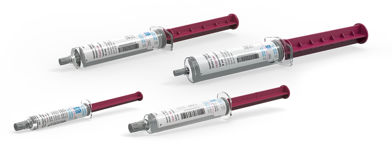 Four Hizentra prefilled syringe sizes for subcutaneous immune globulin administration
