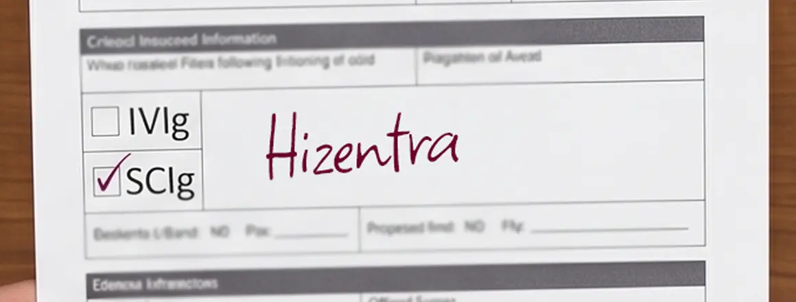 Prescription pad illustration with SCIg checked and Hizentra written by name for dispense as written